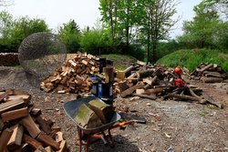 Ein Holzplatz mit unterschiedlichen Arbeitsgeräten.