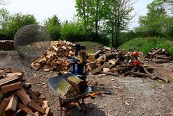 Ein Holzplatz mit unterschiedlichen Arbeitsgeräten.